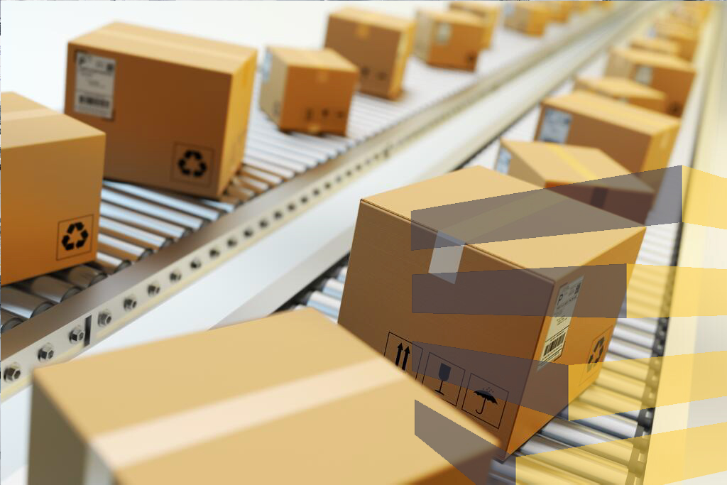 Stock image of boxes on a conveyer belt representing a distribution center to accompany article on types of warehouses.