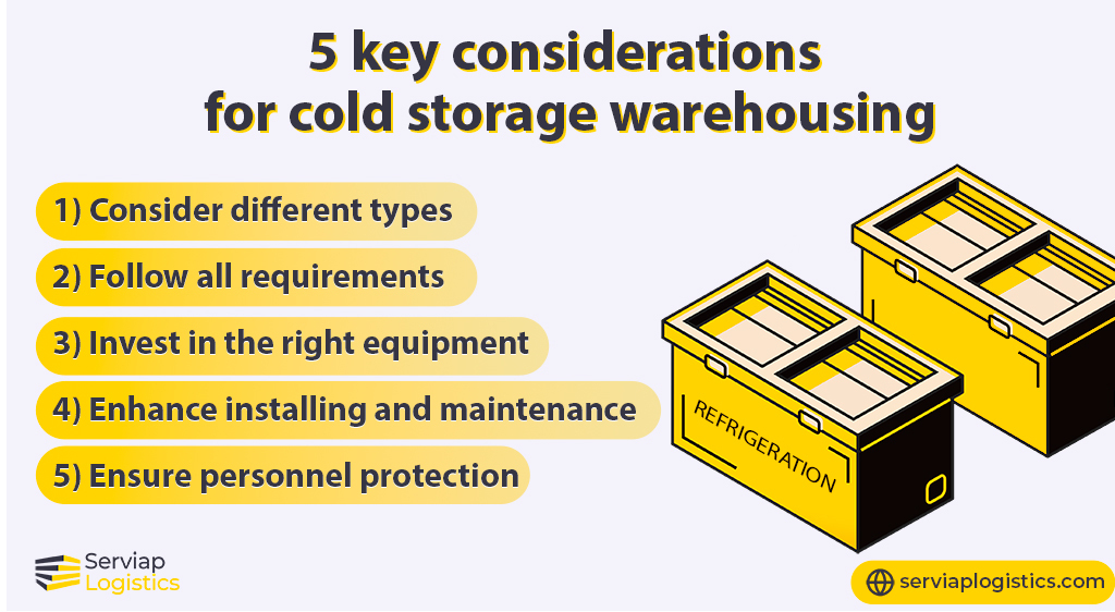 Gráfico de Serviap Logistics que muestra cinco consideraciones clave para montar un almacén frigorífico.