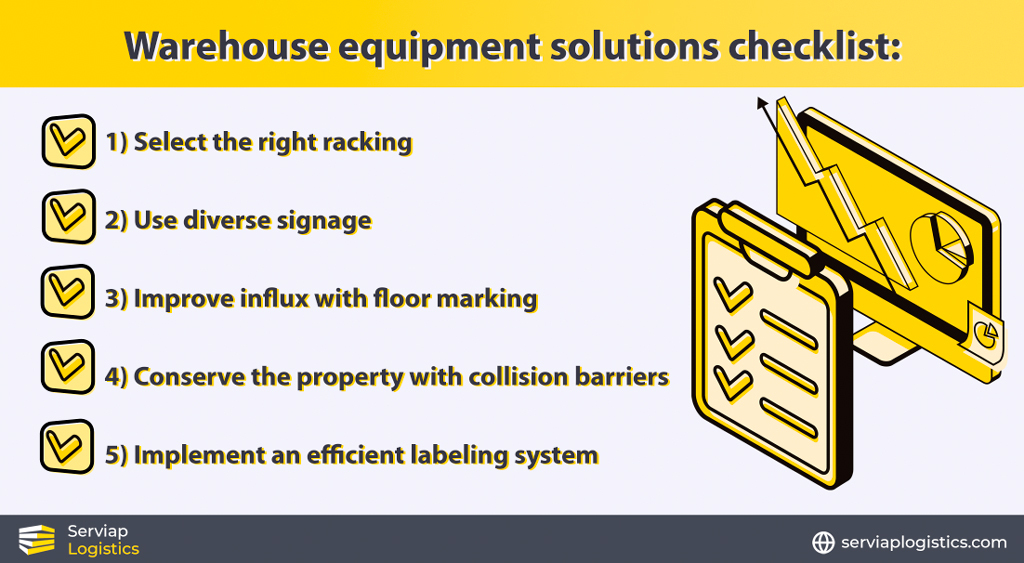 Gráfico de Serviap Logistics con cinco recomendaciones importantes respecto a las soluciones de equipamiento para almacenes.
