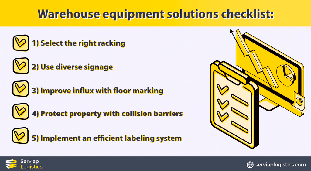 Serviap Logistics graphic on the things to get right for warehouse equipment solutions