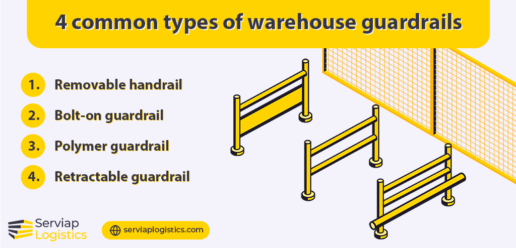 Serviap Logistics graphic showing some of the most common types of warehouse guardrail